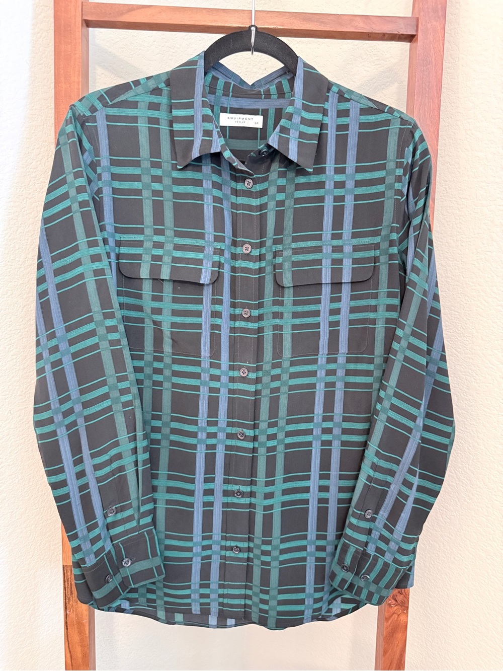 Equipment Black Button-Down Shirt with Green & Blue Plaid